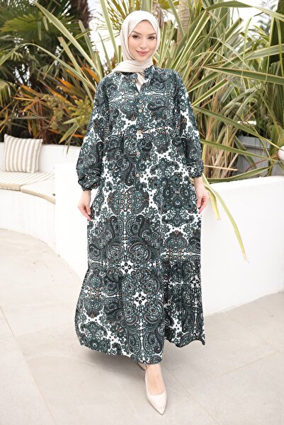 İmajButik Σμαραγδί πράσινο φόρεμα βισκόζης με μισά μανίκια με κουμπιά και ελα...