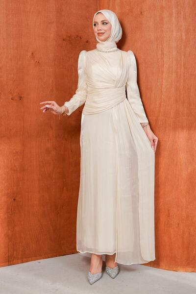 İmajButik Κρεμ Ζωηρόχρωμο Βραδινό Φόρεμα