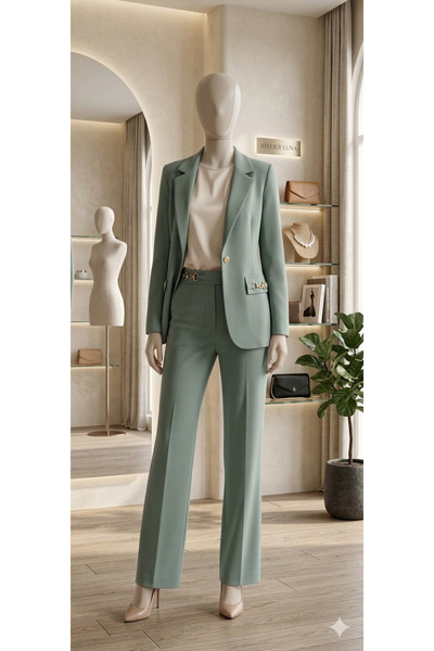 Butik Zincir Detaylı Klasik Blazer Ceket & Yüksek Bel Pantolon Takım