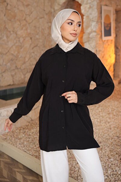 İmajButik Μαύρο υφαντό πουκάμισο Modal με λεπτομέρεια στο μπροστινό μέρος