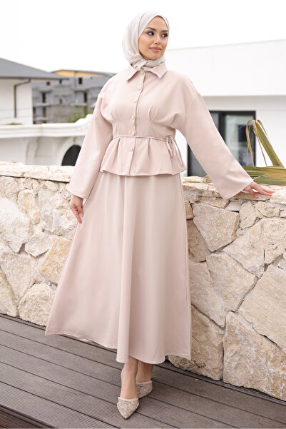 İmajButik Μπεζ Σετ Πουκάμισο και Φούστα με Ραφές σε Στυλ Πένσ