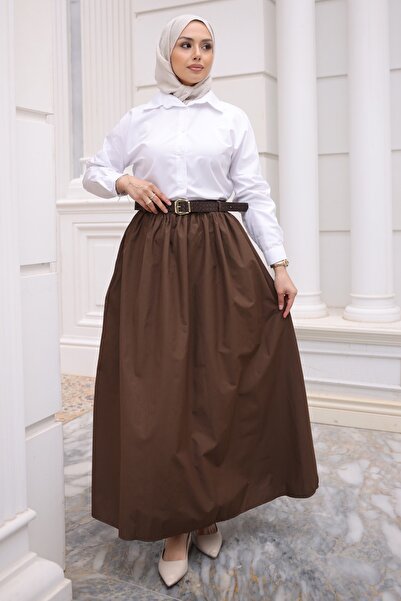 İmajButik Καφέ φούστα ποπλίνα με ζώνη και τσέπες