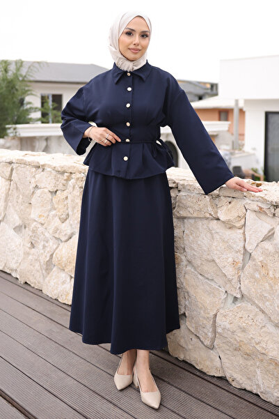 İmajButik Σετ Ναυτικό Μπλε Πουκάμισο και Φούστα με Ραφές σε Σχέδιο Πένσα