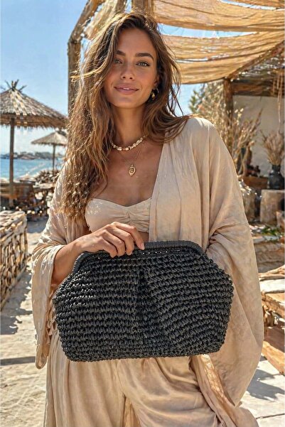 MARBERRY Καφέ Χειροποίητη Πλεκτή Ψάθινη Γυναικεία Τσάντα – 33x20 εκ.