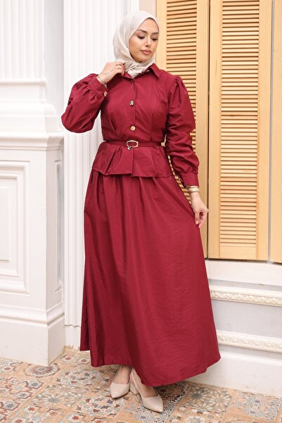 İmajButik Burgundy Belted Buttoned Shirt and Skirt Set