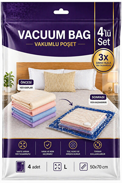 SHARI Vakumlu Hurç Seti 4’lü Large (50x70 cm) – Vakum Poşeti Yer Tasarruflu S...