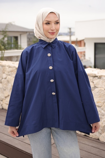 İmajButik Μπλουζάκι με φαρδιά μανίκια σε μπλε ναυτικό χρώμα με κουμπιά