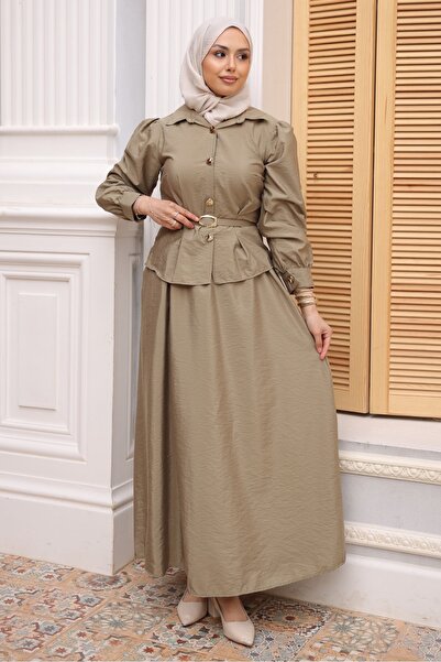 İmajButik Oil Green Belted Buttoned Shirt and Skirt Set