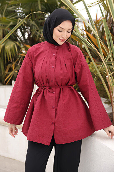 İmajButik Burgundy Pleated Tie-Front Tunic