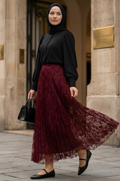 İmajButik Φούστα από τούλι με στάμπα σε μπορντό χρώμα και επένδυση