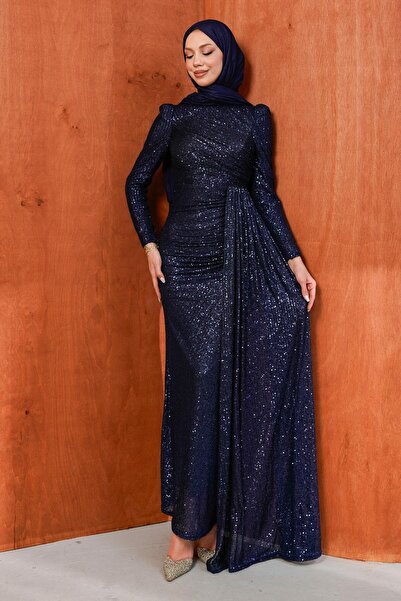 İmajButik Μπλε ναυτικό βραδινό φόρεμα με πιέτες και παγιέτες στο μπροστινό μέρος