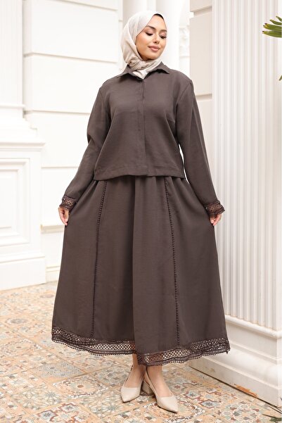 İmajButik Brown Buttoned Sleeve Lace Shirt Skirt Suit