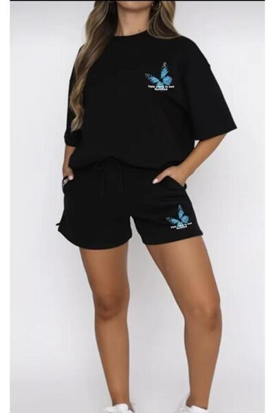 DİVİN Unisex Printed Oversize Top-Bottom Set Bartik Shorts T-Shirt