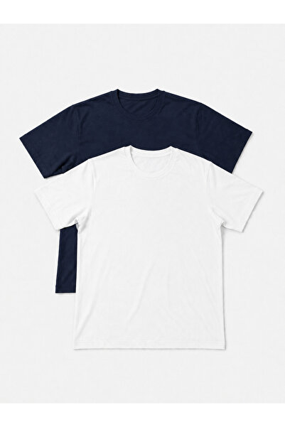 Erkek 2'li Paket Beyaz-Lacivert Slim Fit Dar Kesim %100 Pamuk Bisiklet Yaka Tişört