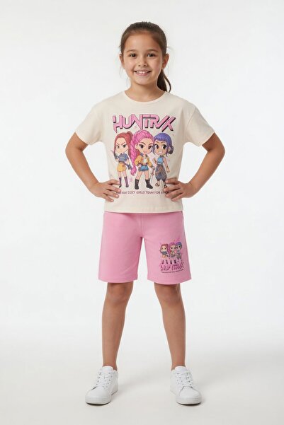 Cansın Mini Pink Girls' Themed Shorts and T-Shirt 2-Piece Set 23934