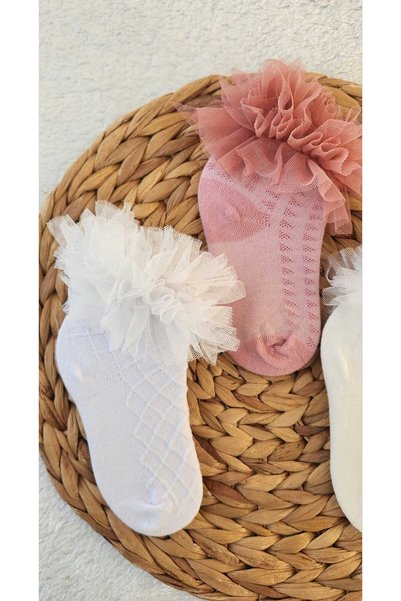 EFİLACCESSORİES Premium Lace Trimed Festival Ruffled 3-Piece Children's Socks
