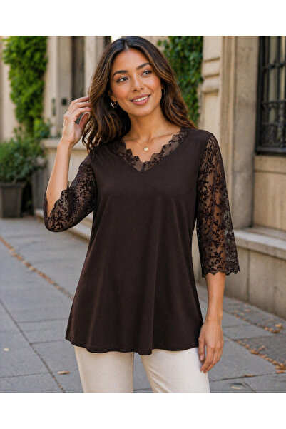 IŞILTI Γυναικεία μπλούζα με λαιμόκοψη V, μανίκια τριών τετάρτων, δαντέλα και ...