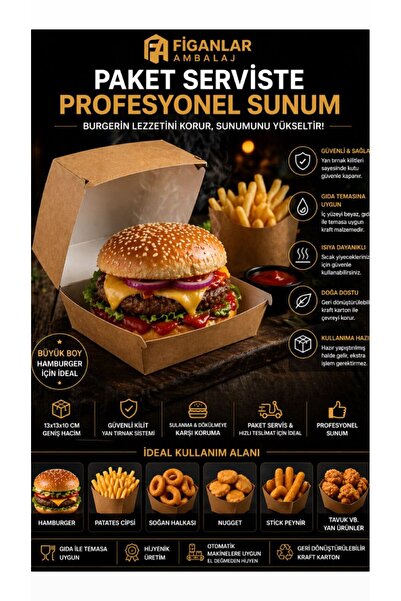 figanlar ambalaj Kraft Hamburger Kutusu 13x13x10 cm Büyük Boy Kapaklı Karton ...