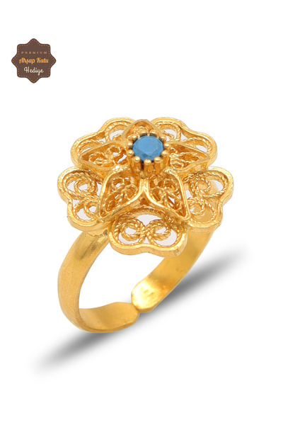 Midyat Nurtaş Gümüş Firuze Taşlı Gül Model Gold Kaplama 925 Ayar Gümüş Telkar...