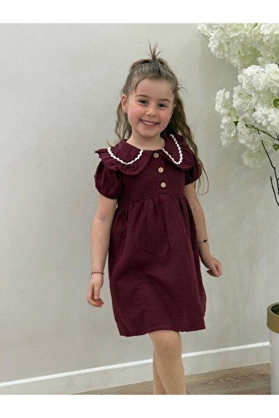 RÜYA KİDS Girl's Summer Baby Collar Holiday Cotton Burgundy Stylish Comfortab...