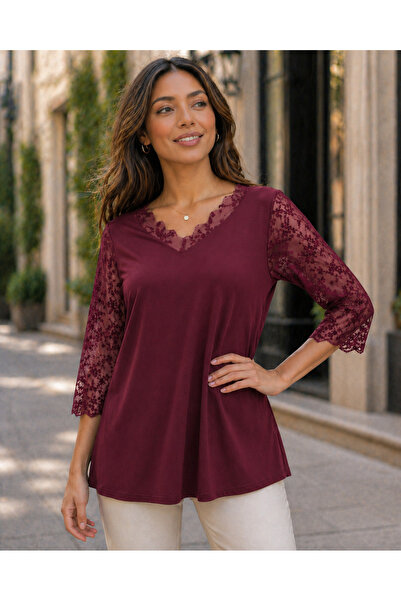 IŞILTI Women's V-Neck Three-Quarter Sleeve Lace Tulle Detailed Comfortable Fi...