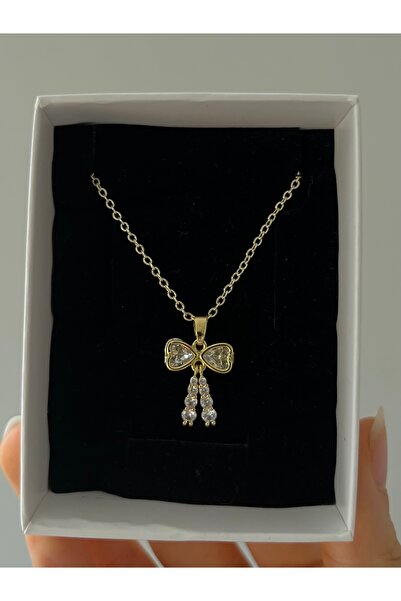 Rose and Light Zircon Stone Gold Color Bow Steel Necklace