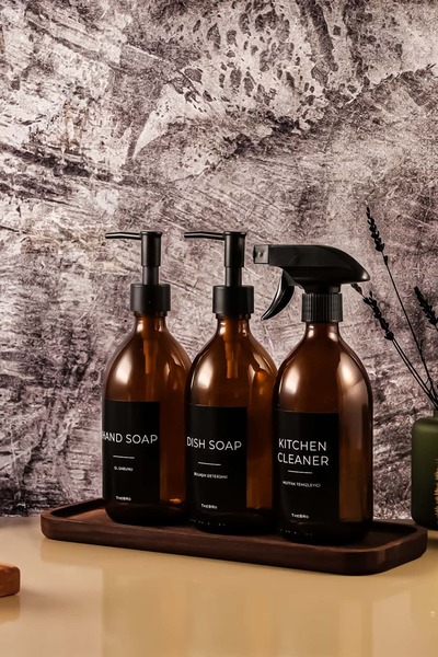 TheBRo 500ml Black Series Hand Soap, Dishwashing Detergent, Kitchen Cleaner Set with Wooden Stand