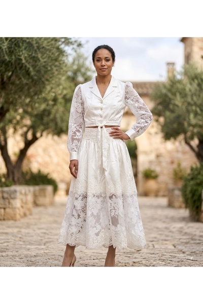 Rabiossa Women's Lace Detailed Crop Blouse Skirt Set