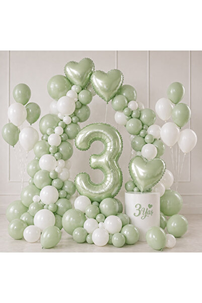TATLI GÜNLER 3 Yaş Doğum Günü Balon Seti Küf Yeşili Beyaz Kalp Folyo Konsept ...