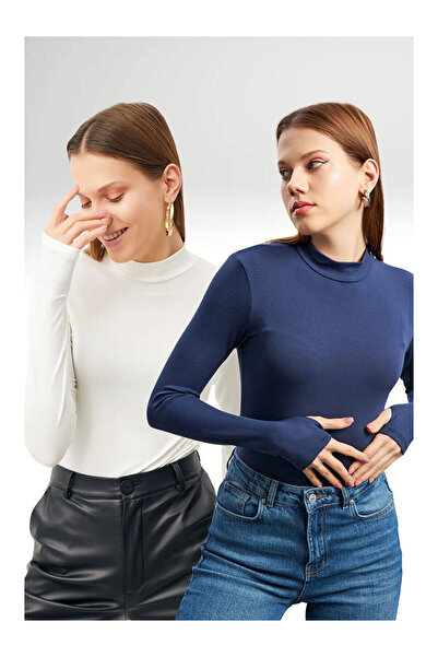 LC Waikiki Nevavm Women's White Navy Blue 2-Piece Finger Detailed Bodysuit