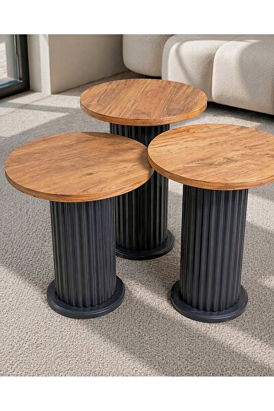 EFLORA DESIGN Bohem 3’lü Zigon Sehpa Seti | Yuvarlak Ahşap Desenli,Modern Sal...