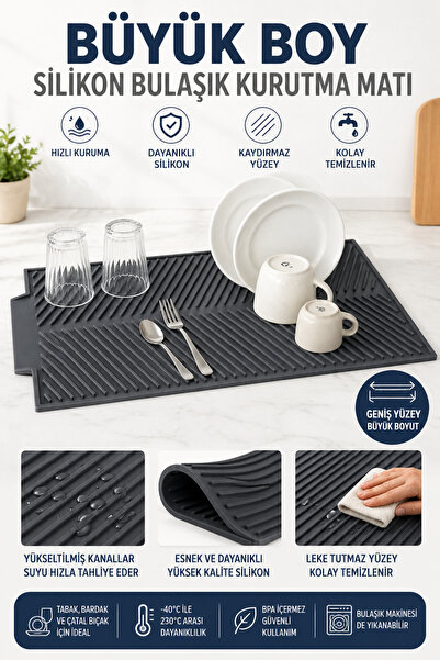 evolis kitchen 1 Adet Antrasit Bulaşık Matı Büyük Boy 44 X 33 Cm Silikon Bula...