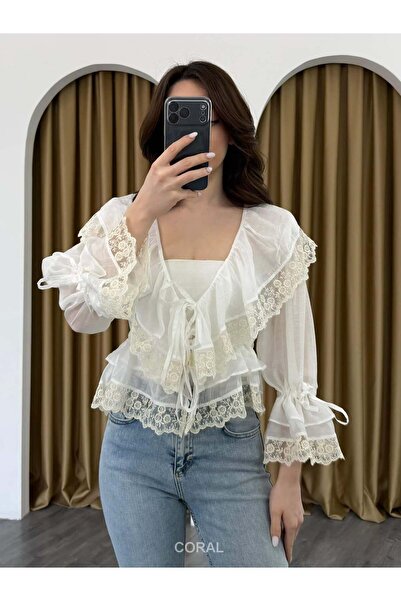 Coral Lace Detailed Lace-Up Shirt 37366 Ecru