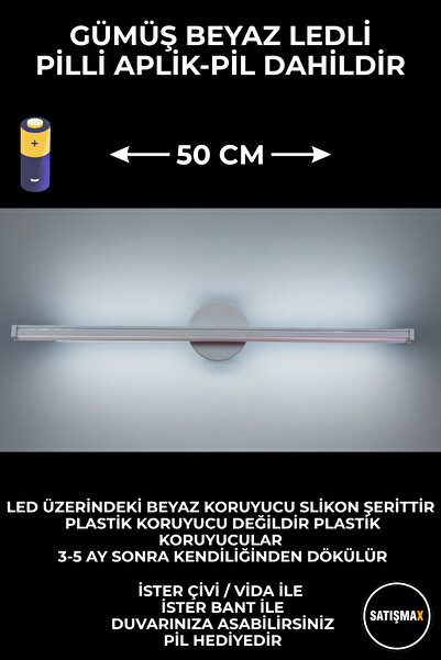 SatışMax Modern Dekoratif Led Duvar Aplik 50 Cm Gümüş 1 Adet PİLLİ BEYAZ IŞIK