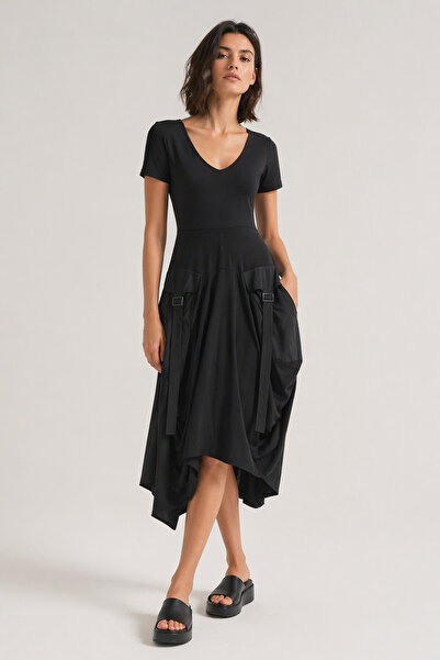 IMBUE Asymmetrical Cut V-Neck Black Midi Dress with Parachute Pockets