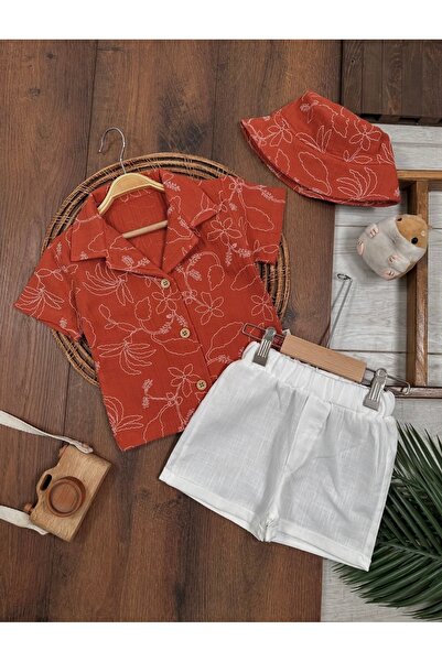 ASİLA Baby Boy Summer Muslin Hawaiian Floral Print Shirt with Hat Shorts Set