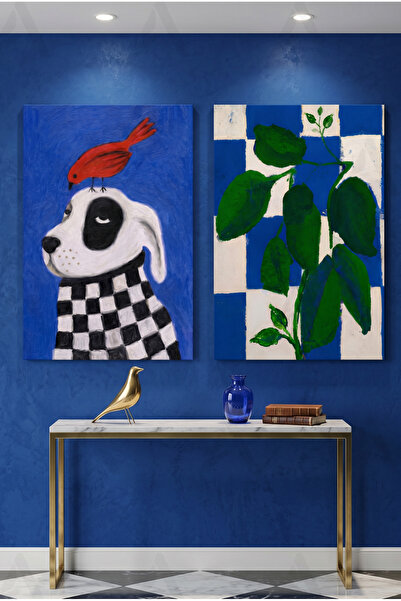 Artease Set of 2 Blue Dog and Bird Paintings