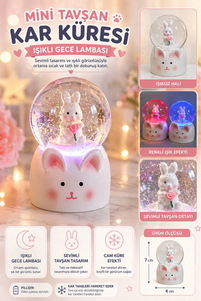 Tamsena Store 7 cm Mini Boy Işıklı Tavşan Figürlü Cam Kar Küresi Dekoratif Se...