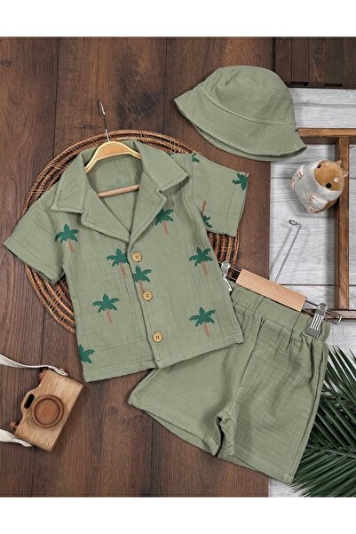 ASİLA Muslin Palm Tree Printed Safari Hat Summer Baby Boy Shirt Shorts 3-Piec...
