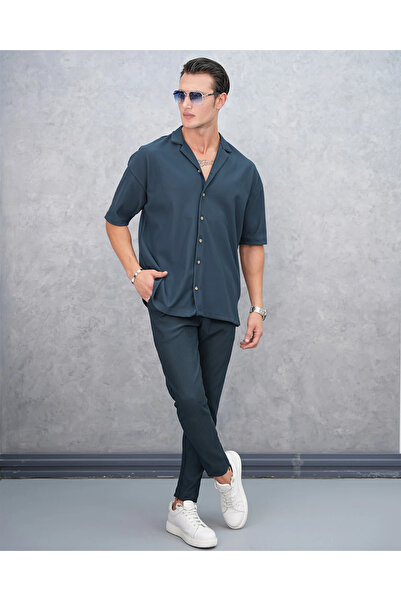 MODEFENDİ Wick Patterned Oversize Short Sleeve Shirt Set