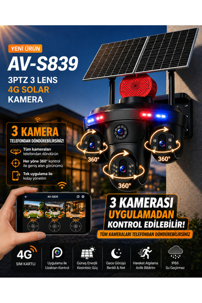 TRCharger S839 15MP 3 Kameralı 4G SIM Kartlı Solar Güvenlik Kamerası Çift Panel 360° PTZ 3 MOTORİZELİ 1 Yıl Her Ay 50GB internet Bizden