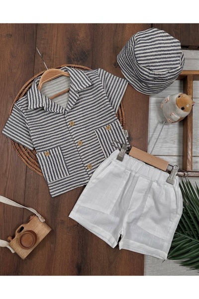 ASİLA Striped Summer Hat Muslin Baby Boy Shorts and Shirt Set