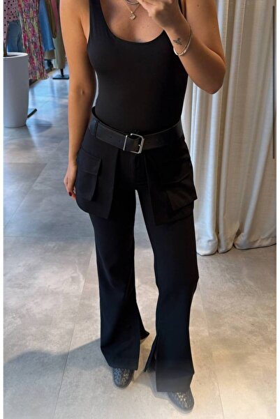 LOKADI Black High-Waisted Spanish Flare Pants with Cargo Pockets - Casual Tro...