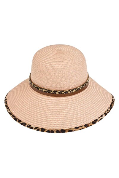 OEM Γυναικείο καπέλο σε ροζ απόχρωση πούδρας με λεοπάρ γείσο και κορδέλα