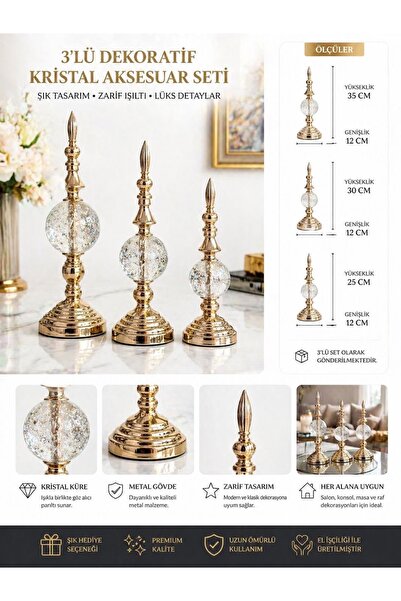 voliX Dizayn 3’lü Gold Kristal Küre Dekoratif Obje Seti 35-30-25 cm Salon Kon...