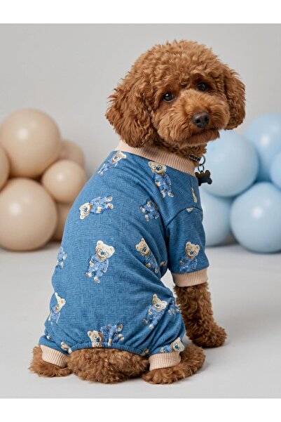 Kemique Teddy Blues Penye Köpek Tulumu | Ayıcık Desenli Köpek Pijaması | Küçü...