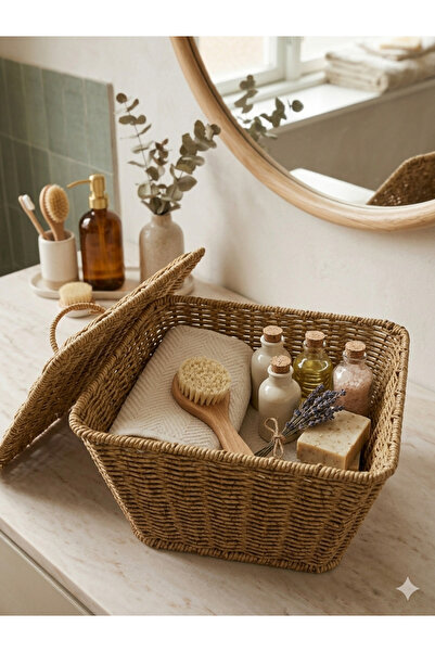 Likya-Concept Likya Natural Kapaklı Hasır Saklama Sepeti | Çok Amaçlı Dekorat...
