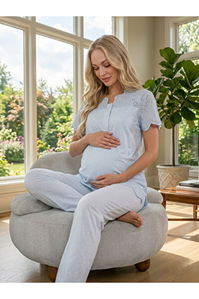 Lohusa Homewear Νέα σεζόν Μπλε Σετ Πιτζάμες Εγκυμοσύνης και Μητρότητας Καλοκα...