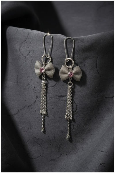 MODAYAŞAR Pink Stone Silver Color Bow Dangle Chain Earrings