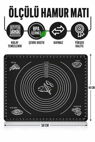 evolis kitchen 1 Adet Siyah Ölçülü Silikon Hamur Açma Matı, Pizza Baklava Bör...